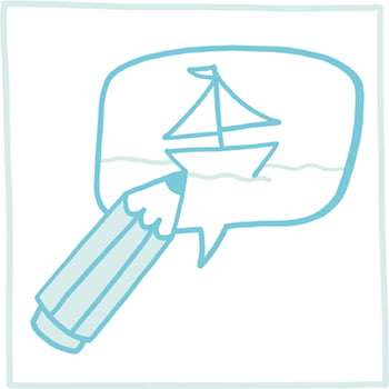 Plaatje bij het Visual Storyteller Type; een potlood met een spreekwolkje en daarin getekend een boot op het water